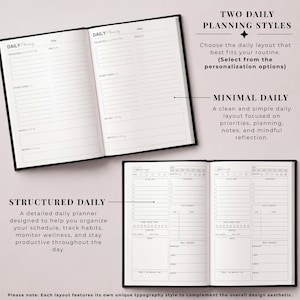 May include: An open black planner showing two daily planning styles: Minimal and Structured. The Minimal style focuses on priorities and reflection. The Structured style helps organise schedules and track habits. The planner is designed to help you stay productive.