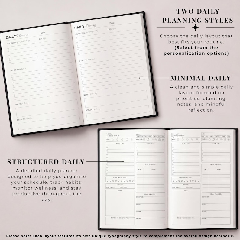 May include: An open black planner showing two daily planning styles: Minimal and Structured. The Minimal style focuses on priorities and reflection. The Structured style helps organise schedules and track habits. The planner is designed to help you stay productive.