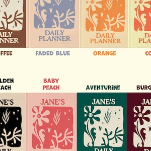 May include: A selection of daily planners and journals in various colours. The top row shows planners in toffee, faded blue, orange, and coral. The bottom row displays journals in golden peach, baby peach, aventurine, and burgundy. Each item has floral designs.
