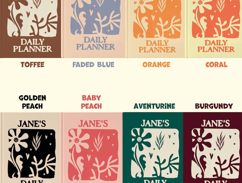 May include: A selection of daily planners and journals in various colours. The top row shows planners in toffee, faded blue, orange, and coral. The bottom row displays journals in golden peach, baby peach, aventurine, and burgundy. Each item has floral designs.