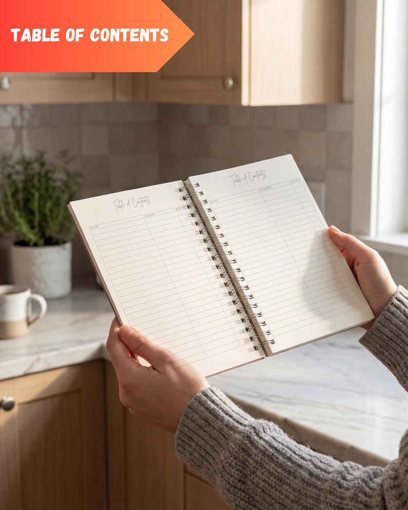 May include: An open spiral-bound notebook with lined pages. The words "Table of Contents" are printed at the top of each page. The notebook is held open, revealing the blank pages, ready to be filled.