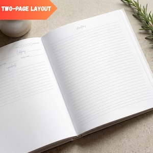 May include: An open, white two-page layout notebook with lined pages for recipes. The left page has sections for ingredients, category, and time. The right page is for directions. The top left corner has the text "TWO-PAGE LAYOUT".