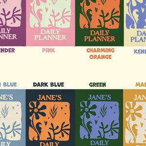 May include: A selection of daily planners in various colours. Each planner displays a floral design and the words "DAILY PLANNER" or "JANE'S DAILY" in white. Colours include lavender, pink, charming orange, Kennedy, wash blue, dark blue, green, and mango.
