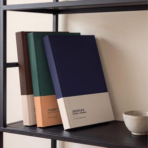 Pode incluir: Três diários de capa dura com capas de dois tons em castanho escuro, verde escuro e azul marinho, cada um com uma secção inferior em cor creme. As capas apresentam texto impresso, incluindo JASON'S RECIPE BOOK e JESSICA'S RECIPE JOURNAL.