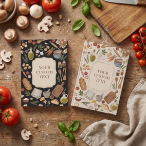May include: Two rectangular hardback books with a culinary pattern featuring illustrations of vegetables, herbs, and kitchen tools. Both books have a central cream-coloured label with the printed text YOUR CUSTOM TEXT on a dark and light background.