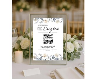 QR code wedding photos, QR code card template, personalize, digital Canva template, wedding sign, template for editing in Canva