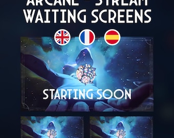 May include: Digital art for stream waiting screens. The image features the text "ARCANE - STREAM WAITING SCREENS" in white. Below are the flags of the United Kingdom, France, and Spain. The words "STARTING SOON", "STREAM ENDING", and "BE RIGHT BACK" are also visible.