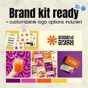 Puede incluir: Gráfico de kit de marca con las palabras "Brand kit ready" y "Bubble Rush". La imagen incluye una paleta de colores, tarjetas de visita y maquetas de una bebida. El diseño también incluye opciones de logotipo personalizables.