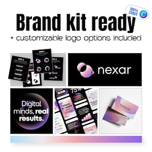 May include: A brand kit design with the text "Brand kit ready" and "+ customizable logo options included." The image includes logo variations, business cards, and mockups of mobile app screens. The brand name "nexar" is featured.