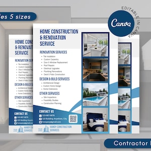 May include: A digital flyer template for home construction and renovation services featuring blue and white text, a list of services including tile installation and carpentry, contact information, and four photographic inserts of home interiors.