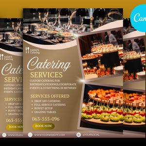 Op de afbeelding: Een promotieflyer voor Jada's Catering Services, met afbeeldingen van cateringdisplays. De flyer heeft een bruin en beige kleurenschema met de tekst "Catering Services" en vermeldt aangeboden diensten, waaronder drop-off catering en buffetopstelling.