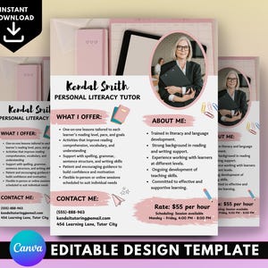 May include: A pink and white Canva design template for a personal literacy tutor, with a headshot, contact details, and service information. The design incorporates text and graphic elements.