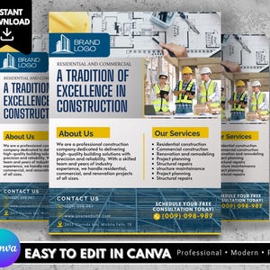 May include: Flyer design for a construction company, featuring the text "A Tradition of Excellence in Construction." The flyer includes information about services, contact details, and the Canva logo. The design is modern and print-ready.