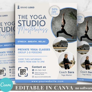 May include: A promotional flyer for "The Yoga Studio Masterclass" with a blue and white design. It features images of yoga poses, yoga mats, and a yoga instructor. Text includes class details and contact information.