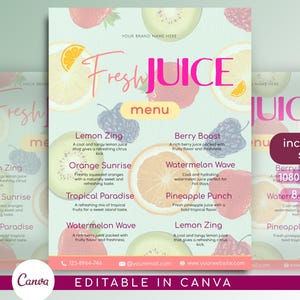 May include: A vibrant juice menu design with the words "Fresh Juice" in pink script. The menu features illustrations of fruits like oranges, strawberries, and kiwi. It includes juice names like "Lemon Zing" and "Berry Boost".