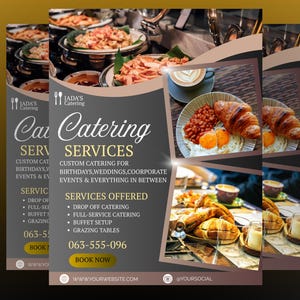 May include: An advertisement for Jada's Catering Services, featuring images of catered food, including croissants, eggs, beans, and various dishes. The flyer lists services offered and contact information, with a call to action to book now.