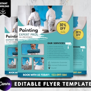 Op de afbeelding: Een turquoise flyer voor "Painting Expert Pros" met "30% KORTING". De flyer toont afbeeldingen van schilders en vermeldt diensten zoals binnen- en buitenschilderwerk. Er staat ook "Direct downloaden."
