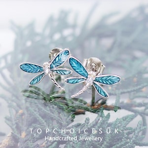 Blue Enamel Dragonfly Stud Earrings – Insect-Themed S925 Sterling Silver