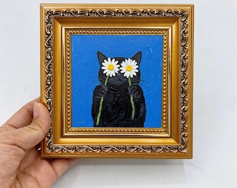Impasto Black Cat Daisy Blindfold Oil Painting, Framed Cobalt Blue Textured Wall Art, Mini Cute Cat Decor, Gift for Cat Lovers