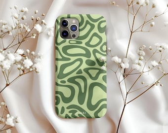 May include: A green phone case with a repeating abstract pattern of organic shapes in a darker shade of green. The case has a camera cutout and the brand name "ARRI" is visible at the bottom. The case is displayed on a white surface with white flowers.