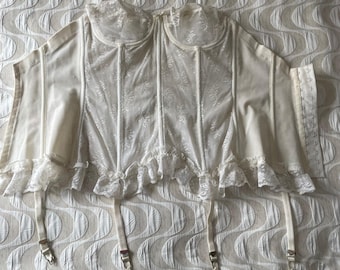 Corsé bustier Lady Marlene Vintage blanco con encaje floral y tirantes de liguero 346 34C