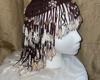 Vintage Cowrie shell headpiece Cap brown Crochet Egyptian Cleopatra African