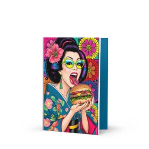 Harajuku Hunger / Grußkarte / Japanerin mit Burger Grußkarte / Premium Kunst Edition