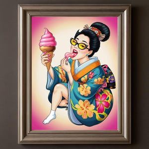Geisha Ice Cream Poster: Retro Japanese Pop Art (Digital Download, 18x24in Max Print Size)