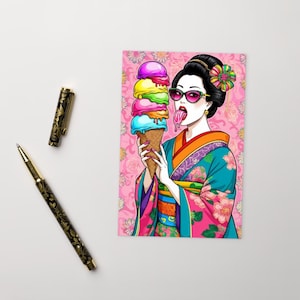 Delícias de quimono / Cartão postal padrão / Cartão postal de gueixa e sorvete / Cartão postal japonês premium para ideia de presente