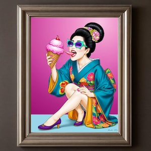 Retro Japanese Pop Art Print: Geisha Kimono, Ice Cream Poster (Digital Download)
