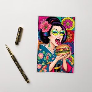 Harajuku Hunger / Standard Postcard / Vibrant Japanese Girl with Burger Postcard / Premium Art Edition