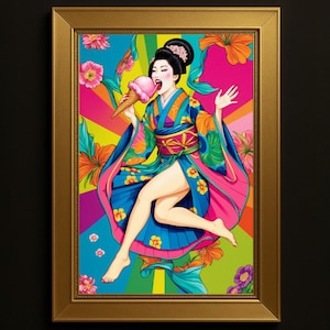 Japanische Maiko Pop Art Poster: Retro Floral Cone Groove (Digitaler Download)