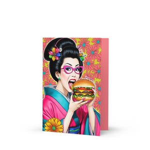 Cartão de felicitações / Cartão de presente / Burger Blossom Delight / Retro Maiko Pop Art Cartão de felicitações / Edição de arte premium