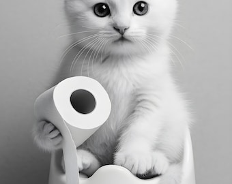 Funny Kitten Bathroom Print: Black and White Cat Art (Digital Download)