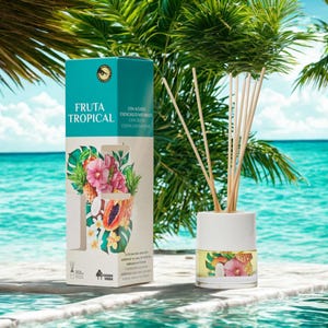 Puede incluir: Un juego de difusor de aceites esenciales con temática tropical. La caja y el recipiente de vidrio presentan ilustraciones vibrantes de frutas y flores tropicales. La caja dice "FRUTA TROPICAL" y "CON ACEITES ESENCIALES NATURALES". El difusor incluye palitos de madera.