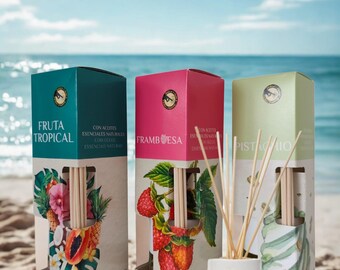 Conjunto de Presente Trio Sweet Escape - 3 Difusores de Varetas de Luxo: Framboesa, Frutas Tropicais, Pistache - Kit de Fragrâncias Exóticas Espanholas para Casa