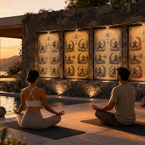 May include: Four rectangular wall art panels mounted on a stone wall, each featuring a grid of six illustrations of figures in martial arts poses. The panels are labeled with the elements Wind, Earth, Water, and Fire in both English and Asian characters.