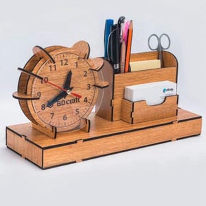 Desk Organizer with Clock CDR File – Pencil Holder Laser Cut Design – Wooden Pen Stand with Clock Vector File – Digital Download