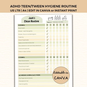 ADHD Teen/Tween Hygiene Routine Chart, Editable in Canva, Instant Printable, Personal Hygiene Tracker, Morning & Evening Schedules