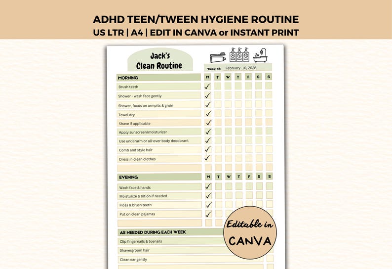 Tween Morning Routine Cold ADHD Teen/tween Hygiene Routine Chart, Editable in Canva, Instant ...