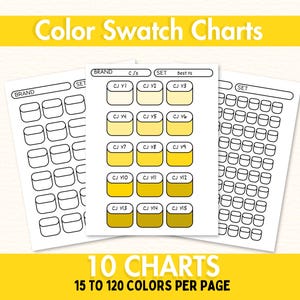 May include: Three white paper color swatch charts with yellow color samples. The charts are labeled with the text "Color Swatch Charts", "10 CHARTS", and "15 TO 120 COLORS PER PAGE".