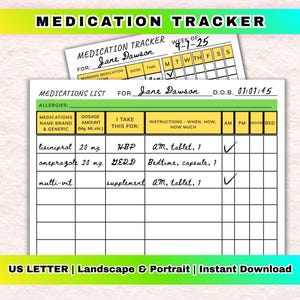 May include: A medication tracker with the title "MEDICATION TRACKER" in green and yellow. The tracker includes a list of medications, dosages, and instructions. The text "US LETTER | Landscape & Portrait | Instant Download" is at the bottom.