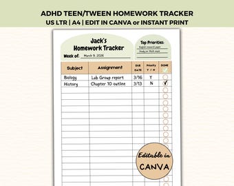 ADHD Homework Tracker for Teen/Tween Boys, Assignment Planner, ADHD School Planner, ADHD Homework Worksheet, Daily Checklist for Teens