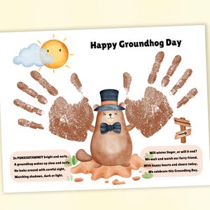 Peut inclure: Illustration aquarelle pour le Jour de la Marmotte. Elle présente une marmotte portant un chapeau haut de forme et un nœud papillon, avec des empreintes de mains et le texte "Happy Groundhog Day". Un soleil et un nuage sont également représentés.