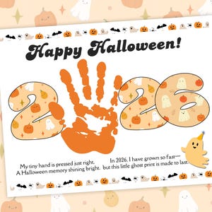 Lavoretto di Halloween 2026 con poesie e impronte di mani, attività per bambini con fantasmi carini, ricordo di Halloween stampabile, attività creativa con impronte di mani per bambini piccoli
