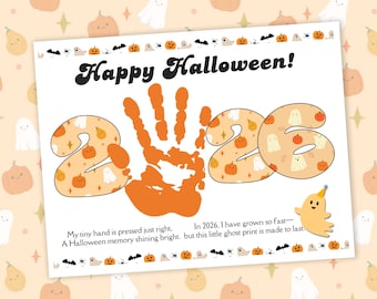 Manualidad de poema con huellas de manos para Halloween 2026, actividad infantil de fantasmas adorables, recuerdo imprimible de Halloween, actividad manual con huellas de manos para niños pequeños.