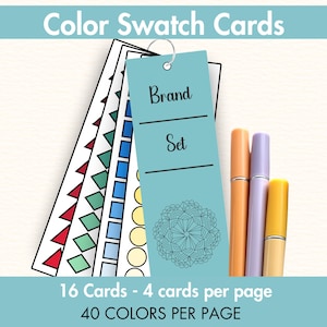 May include: Color swatch cards with a teal tag labeled "Brand Set" and a mandala design. The image includes color swatches with various geometric patterns and three markers in orange, purple, and yellow. The text reads "16 Cards - 4 cards per page" and "40 COLORS PER PAGE."
