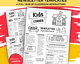Plantilla de boletín informativo mensual para preescolar, en blanco y negro, editable en Canva, comunicación entre maestros y padres, boletín informativo para el aula de preescolar.