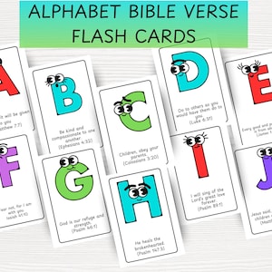 May include: Alphabet Bible Verse flash cards with letters A to J, each with cartoon eyes. The cards display a letter in various colours, alongside a relevant Bible verse. These cards are designed for educational use.