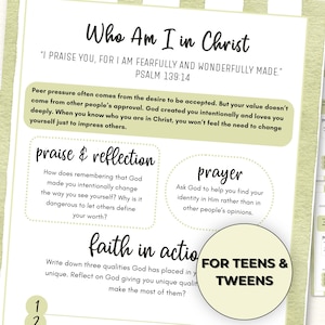 May include: A printable worksheet titled Who Am I in Christ with a sage green and white striped border. It features Psalm 139:14, a reflection paragraph, and sections for praise and reflection, prayer, and faith in action for teens and tweens.